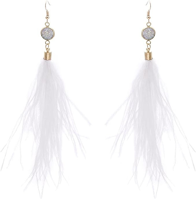 RUOFFETA Long Feather Earrings for Women, Bohemian Elegant Delicate Faux Druzy Charms Dangle Earr... | Amazon (US)
