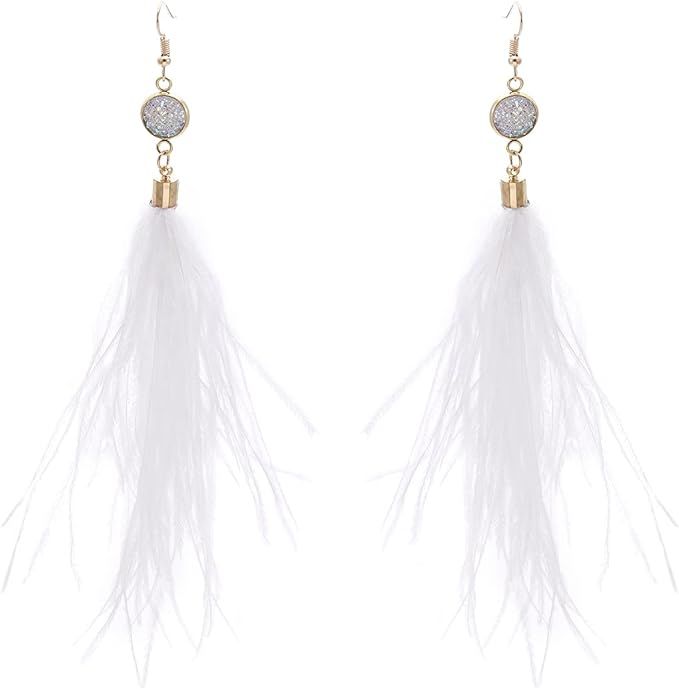 RUOFFETA Long Feather Earrings for Women, Bohemian Elegant Delicate Faux Druzy Charms Dangle Earr... | Amazon (US)