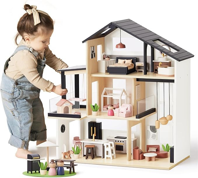 Tiny Land Doll House, Modern Family Dollhouse with Realistic Design, Wooden Dollhouse with 53Pcs ... | Amazon (US)