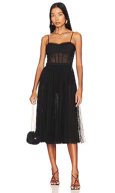 BCBGMAXAZRIA Sheer Corset Midi Dress in Black from Revolve.com | Revolve Clothing (Global)