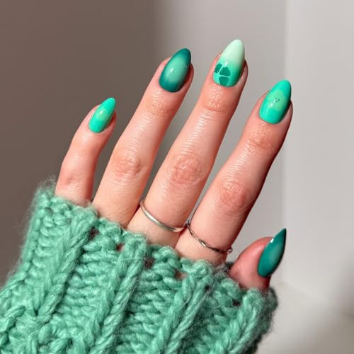 Glamnetic Press On Nails - Siren Green | Short Almond Fake Nails with an Aquamarine Gradient and Tropical Flower Accents, Salon Quality Summer Nails | 15 Sizes - 30 Nail Kit with Glue | Amazon (US)