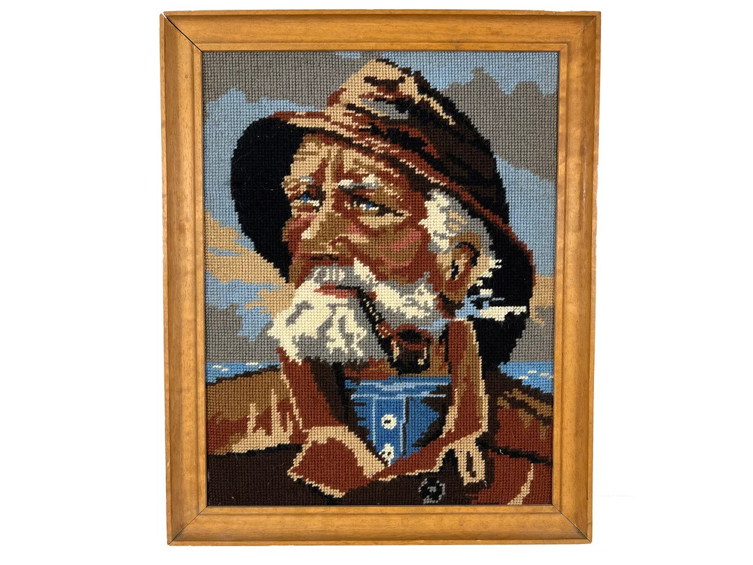 Vintage Embroidery Wood Framed Portrait of Pipe-smoking Fisherman, Mid Century Wall Art 1970's, O... | Etsy (US)