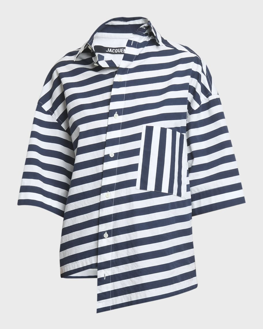 Jacquemus Pablo Stripe Monogram Asymmetric Top | Neiman Marcus