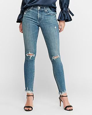 High Waisted Hyper Stretch Ripped Raw Hem Skinny Jeans | Express