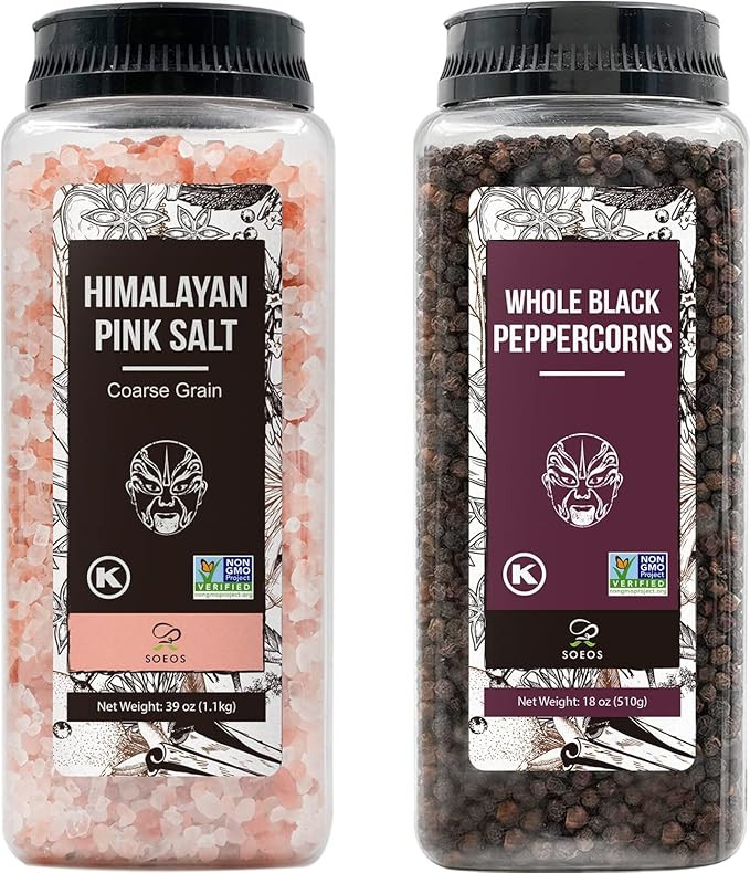 Soeos Himalayan Pink Salt 39 oz + Whole Black Peppercorns 18 oz, Kosher Salt Bulk, Coarse Kosher ... | Amazon (US)