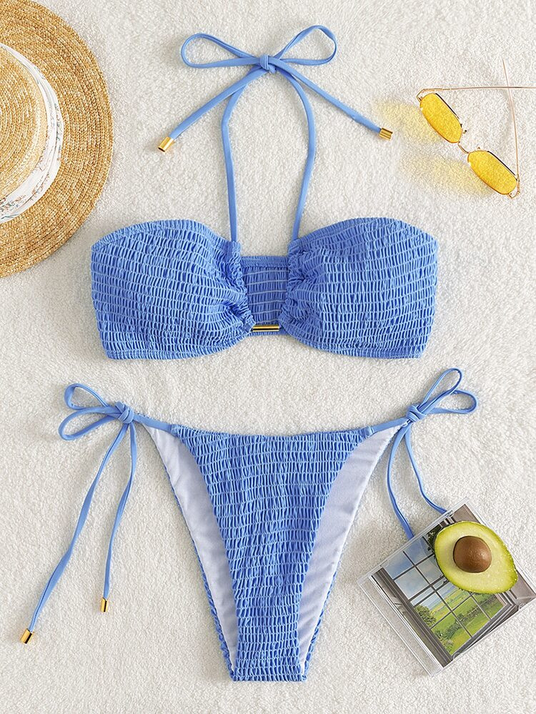 Smocked Halter Tie Side Bikini Swimsuit | SHEIN