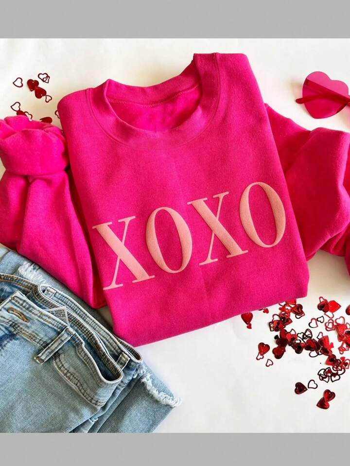 SHEIN EZwear Valentine's Day Sweatshirt, XOXO Embossed Sweatshirt, Valentine's Gift, Pink Valenti... | SHEIN