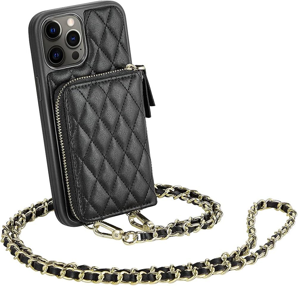 LAMEEKU iPhone 12 Pro Max Wallet Case - 6.7" Crossbody Chain with Wrist Strap, Quilted Card Holde... | Amazon (US)