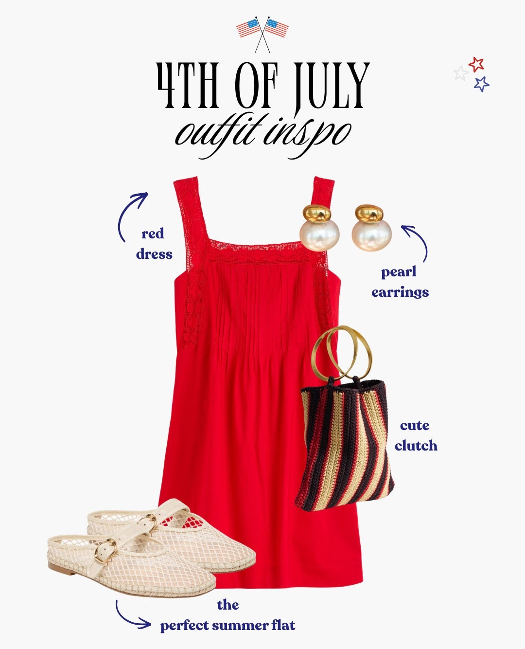 [6/30/26] 4th of July outfit inspo if you want something festive, feminine, and easy to wear. A bright red dress with pearl earrings, a fun striped clutch, and the perfect summer flats feels like such a chic holiday weekend look!

#LTKgrwm #LTKootd #LTKSeasonal
