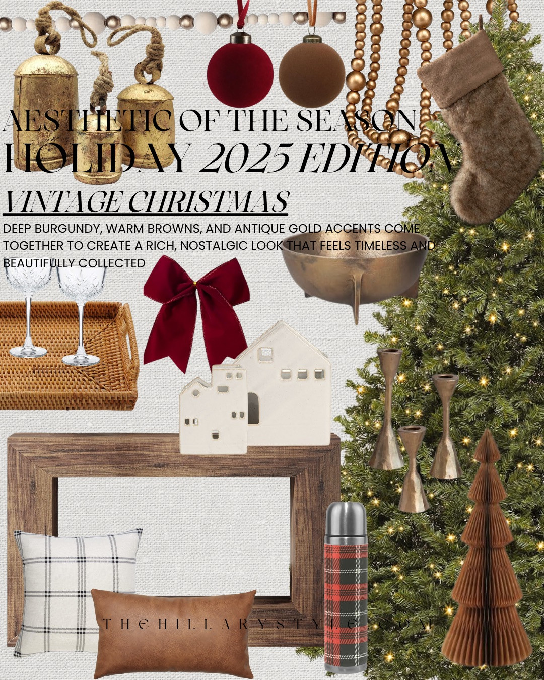 ✨VINTAGE CHRISTMAS · HOLIDAY 2025 AESTHETIC✨ This year’s Vintage Christmas look is all about cozy nostalgia and timeless charm. Think deep burgundy, warm browns, and antique gold details that bring a collected, heritage-inspired feel to your home. From velvet ribbons to brass bells and plaid touches, this aesthetic feels rich, inviting, and effortlessly classic — the kind of Christmas that never goes out of style.

#TheHillaryStyle #Amazon #HolidayDecor #VintageChristmas #ClassicHoliday #AntiqueGoldAccents #HeritageStyle #TraditionalDecor #WarmHolidayVibes #FestiveHome #DesignerInspired #TimelessDesign #HolidayAesthetic #UnderstatedLuxury #OldWorldCharm 

 #LTKHoliday #LTKOver40 #LTKStyleTip