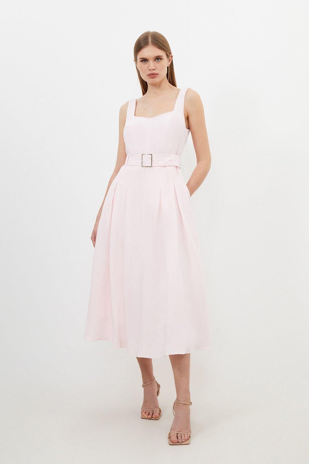 Petite Premium Tailored Linen Square Neck Belted Midi Dress | Karen Millen UK + IE + DE + NL