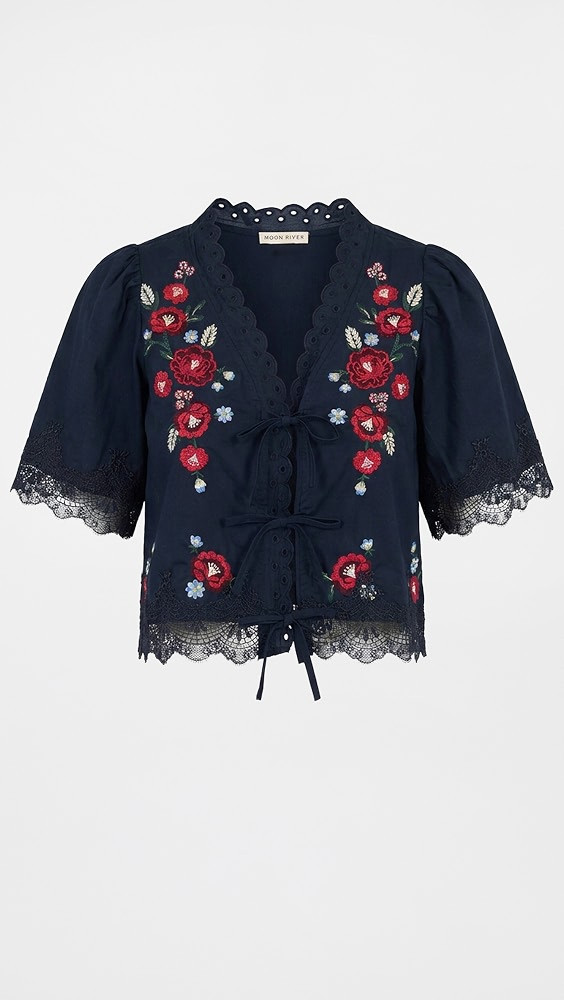 Moon River Embroidered Floral Tie Front Blouse Navy S | Shopbop