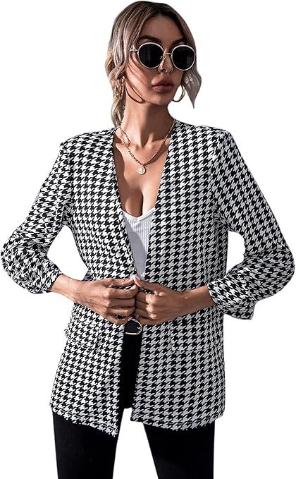 Milumia Women's Elegant Open Front Houndstooth Ruched Sleeve Work Blazer Suit Outerwear | Amazon (US)