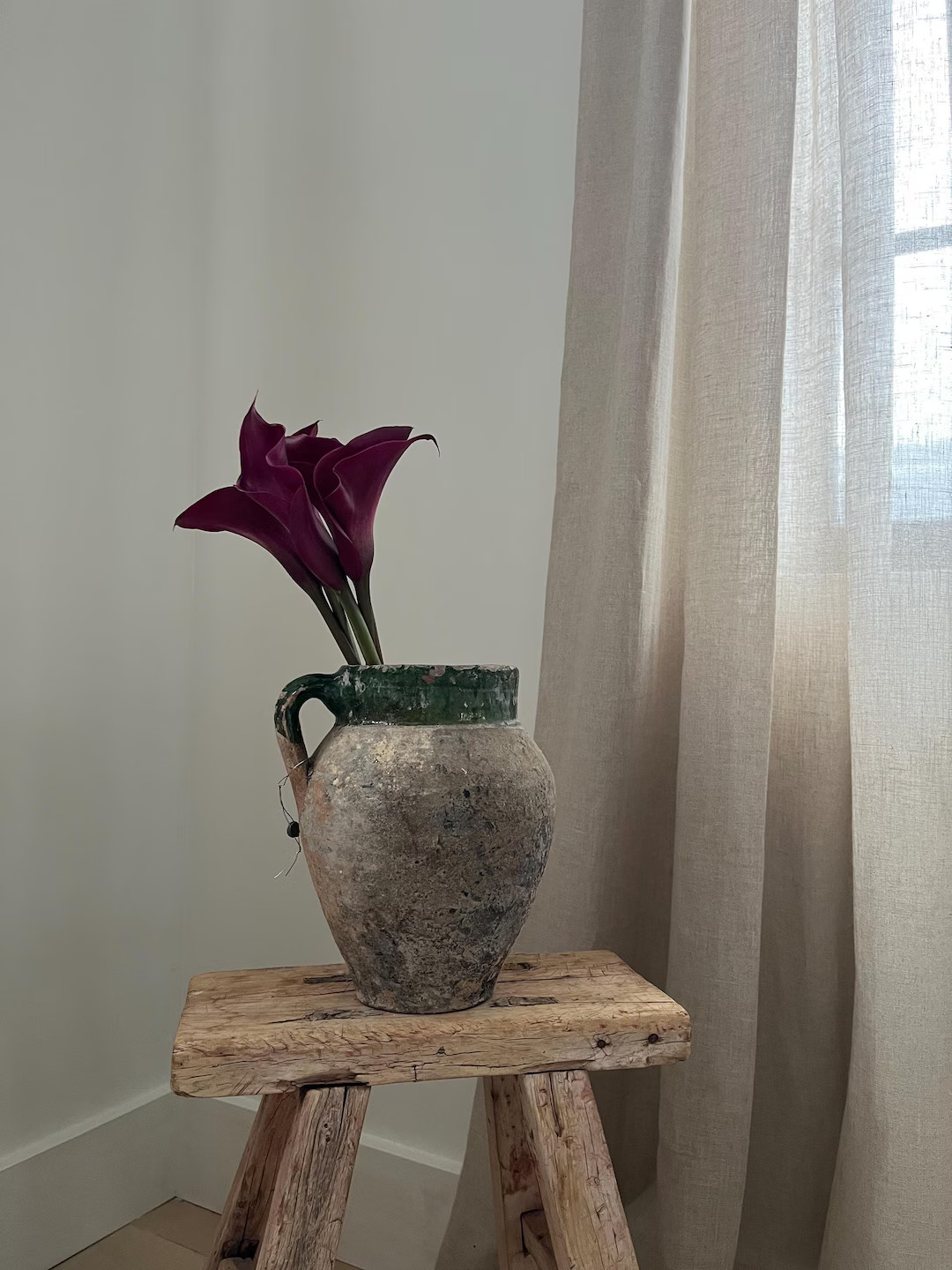 Vintage Green Rim Pottery Jug – Rustic Earthenware Vase With Handle, Mediterranean Decor, Small... | Etsy (US)