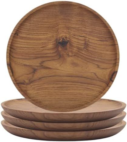 Wooden Plates, Teak Wood Dinner Plates, Yuniff Round Serving Tray Or Serving Dishes All Natural C... | Amazon (US)