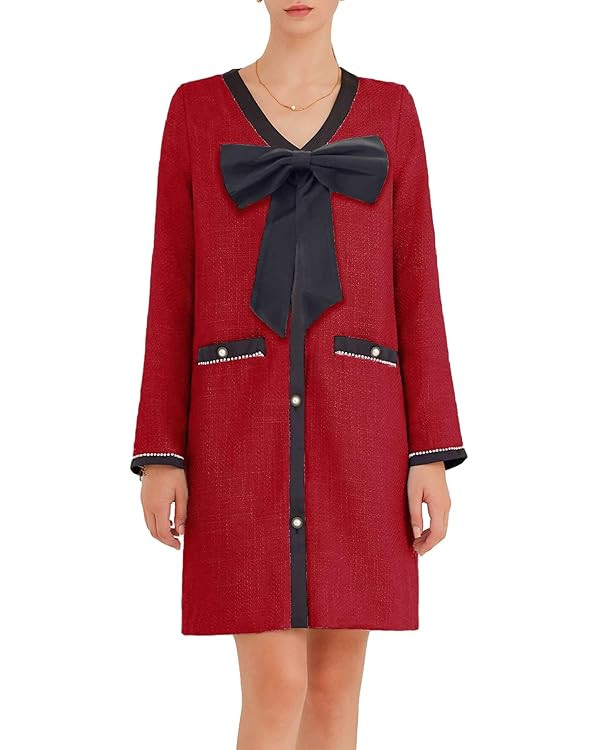 Women's Tweed Bow Mini Dress Long Sleeve V Neck Button Down Dress Elegant Business Work Dress | Amazon (US)