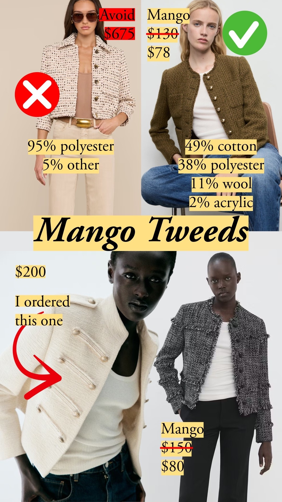 When Mango gets tweeds right, it's outstanding. Both the blends and the cuts are so much better than those hyped $500 tweeds. I'll add pieces that go with them, including J.Crew's Cosmo pants are my pick as an alternative to the flowy satin pants we're seeing. They're breathable, and the sheen looks smooth. Size down (I'm a size 26 in jeans, but I wear an XS in these pants).

#LTKootd #LTKSeasonal #LTKMidsize