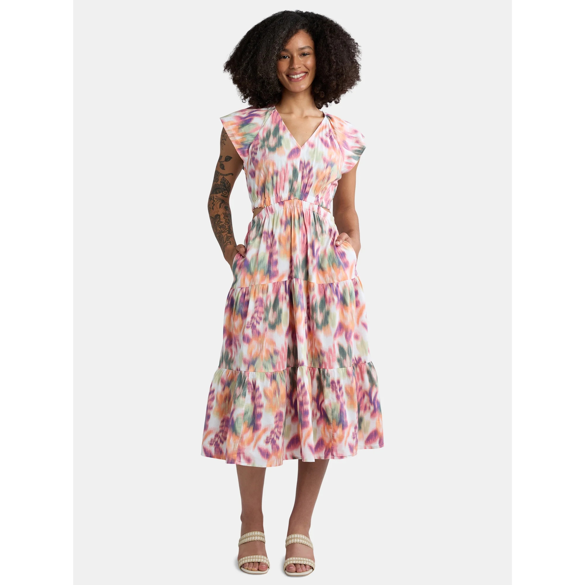 Time and Tru Women's Cut Out Midi Dress with Flutter Sleeves, Sizes XS-XXXL | Walmart (US)