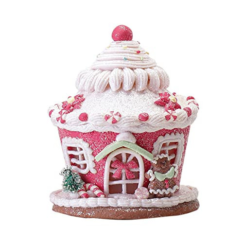 BEIJIALY Christmas Lighted Gingerbread House, LED Lighted Christmas Collectible Buildings, Christmas Village Decor Resin Christmas Scene Village Houses Battery Operate(Pink) | Amazon (US)