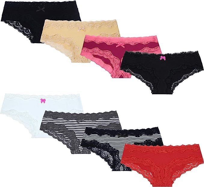 Curve Muse Pack of 8 Sexy Cotton Sheer Lace Tanga Hipster Bikini Panties | Amazon (US)