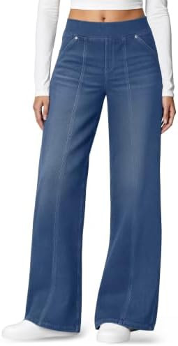 DLOODA Women's Stretchy Wide Leg Jeans High Waisted Pull on Sweatpant Jeans | Soft Comfy Denim,Se... | Amazon (US)