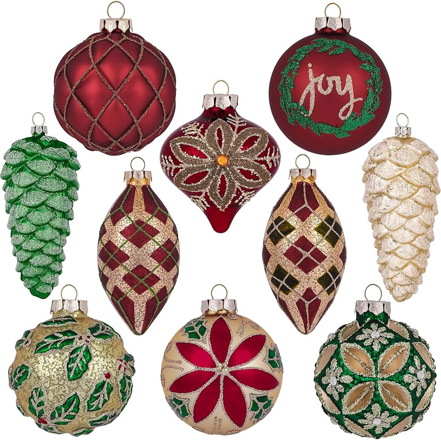 Valery Madelyn Glass Christmas Ornaments Set, 10ct Red Green and Gold Mercury Blown Glass Christm... | Amazon (US)