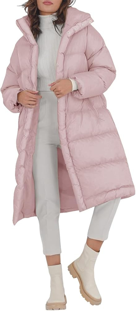 Fazortev Women's Long Puffer Jacket Stand Collar Zip Baggy Down Coats with Side Pockets Outwear | Amazon (US)