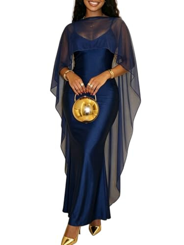 Women\u2019s Satin Bodycon Maxi Dress with Chiffon Cape Wedding Guest Dress | Amazon (US)