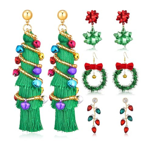 TRWWELL 4 Pairs Christmas Earrings for Women Colorful Light Bulb Earrings Wreath Earrings Christmas Tree Tassel Earrings Xmas Bow Earrings Holiday Party Jewelry Gifts | Amazon (US)