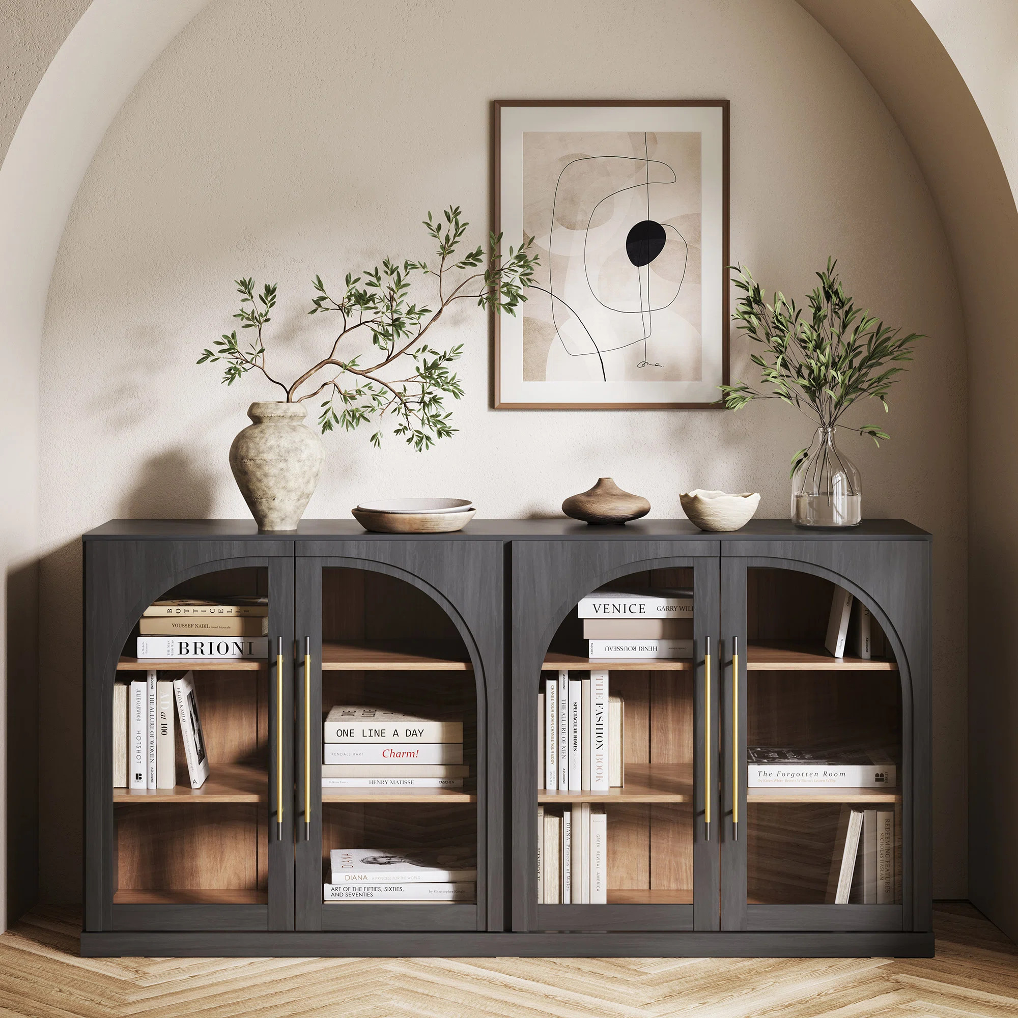 65" Arched Sideboard with Glass Door and Adjustable Shelves, Ebony | Wayfair North America