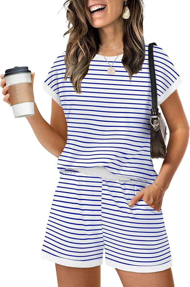 WIHOLL Two Piece Sets for Women Summer Lounge Short Sets Cap Sleeve Crew Neck Sweatsuit with Pock... | Amazon (US)