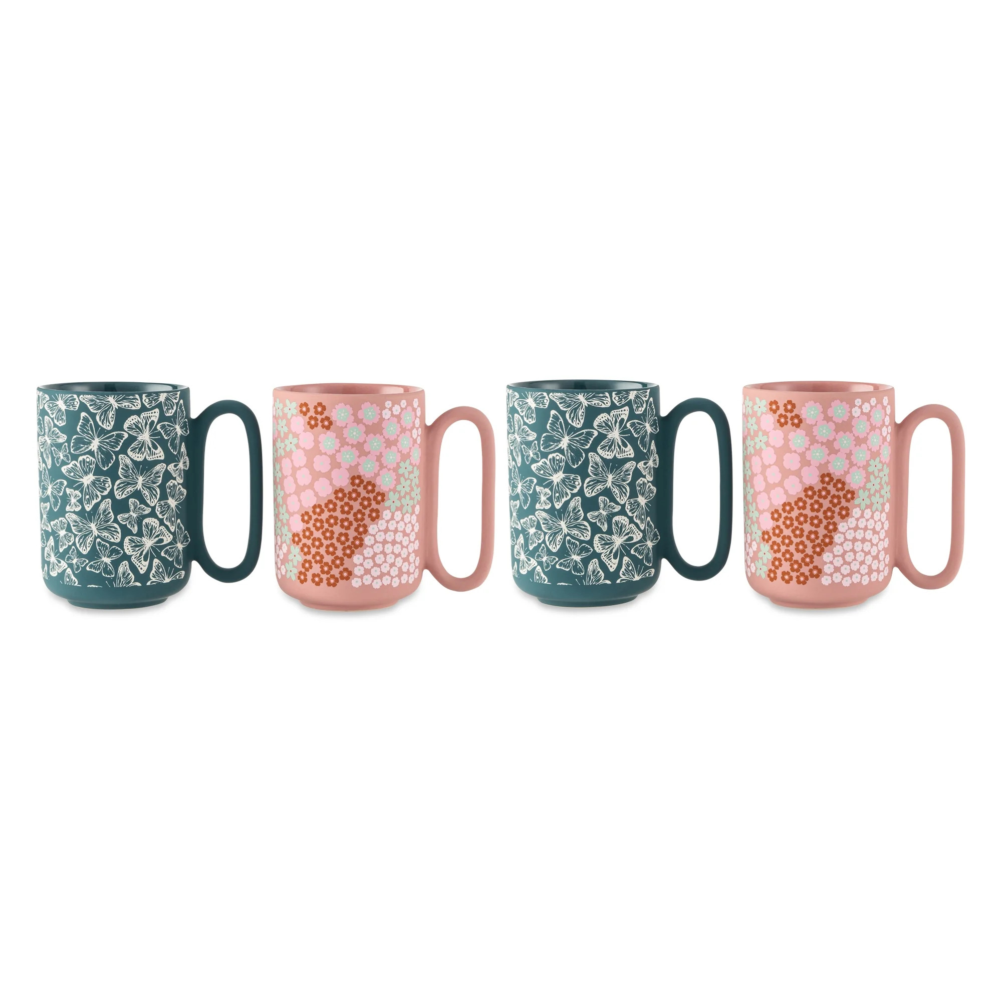 Thyme & Table 4 Pack Green Butterflies and Pink Flowers Mugs 19.6 fl oz, Soft Touch, Stoneware | Walmart (US)
