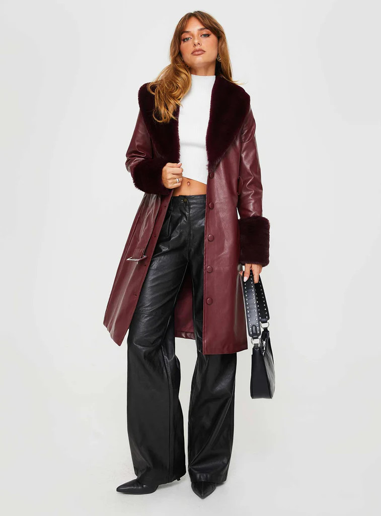 Brooklyn Faux Leather Longline Coat Burgundy | Princess Polly US