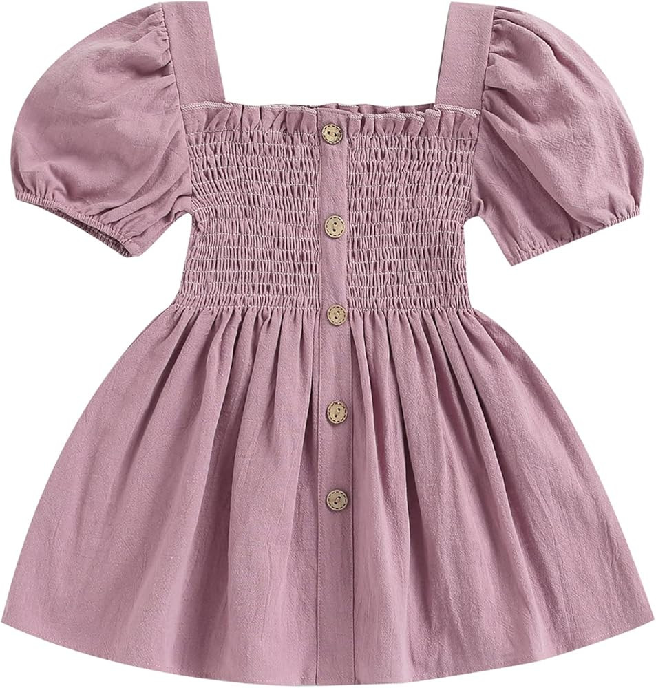 brilliantme Toddler Kids Baby Girl Summer Clothes Square Neck Shortsleeve A-line Dress Solid Color B | Amazon (US)