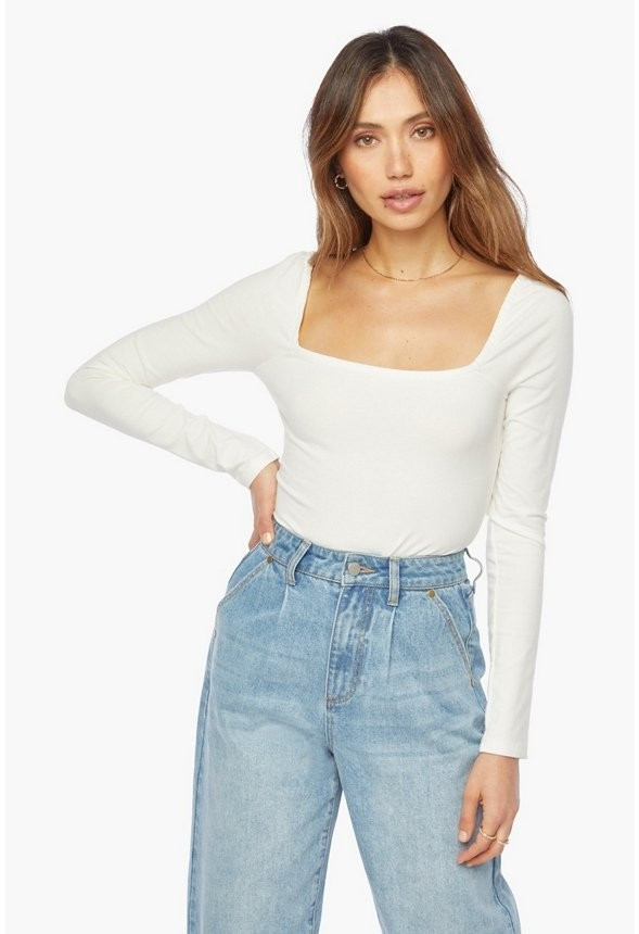 Square Neck Long Sleeve Bodysuit | JustFab