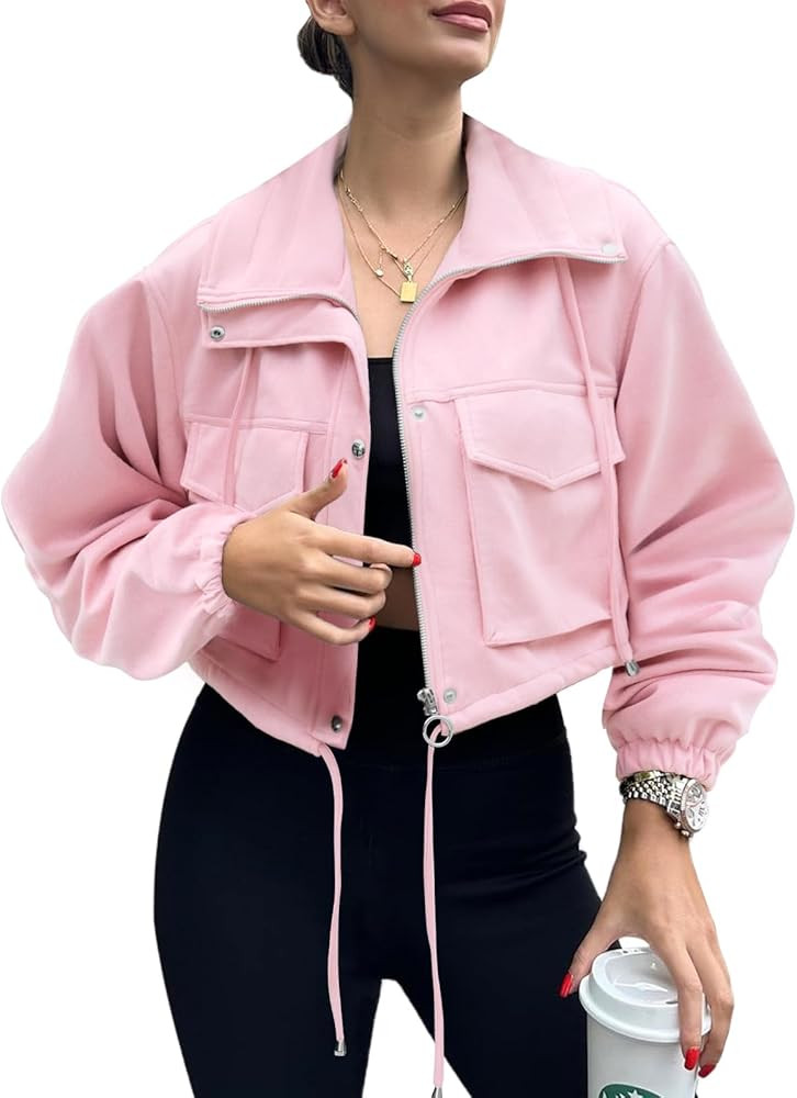 Womens Cropped Jacket Faux Suede Zip Up Oversized Anorak Coats with Pockets Utility Jackets | Amazon (US)