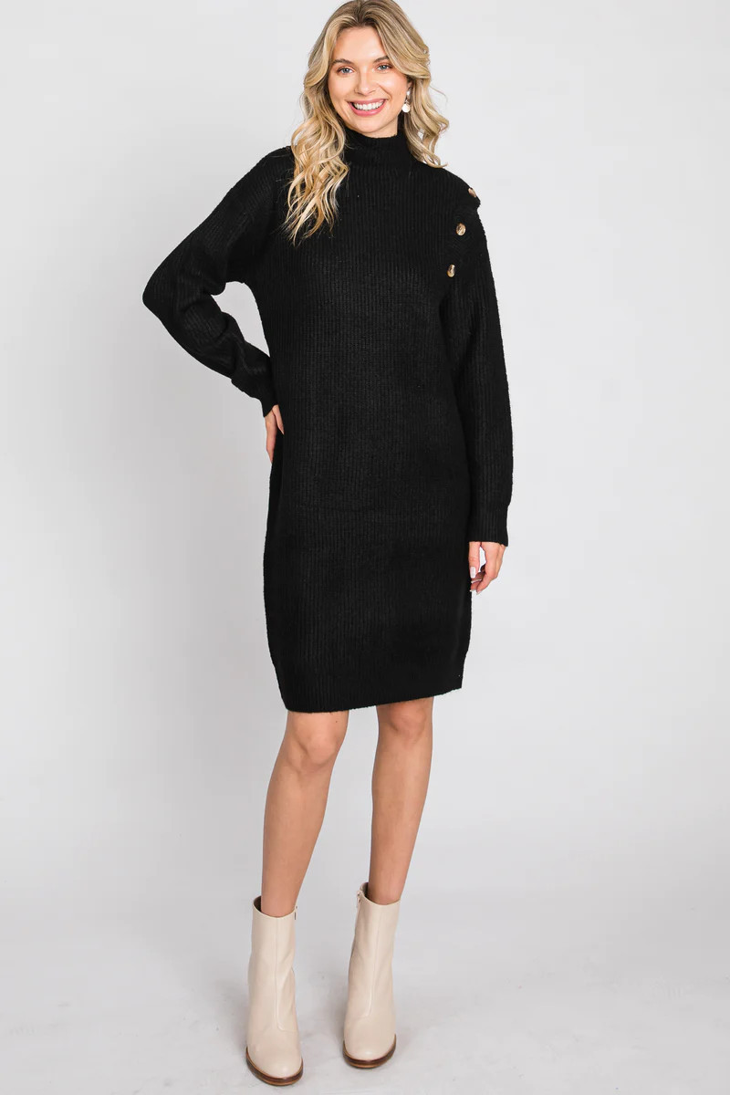 Black Mock Neck Button Shoulder Sweater Dress | PinkBlush Maternity