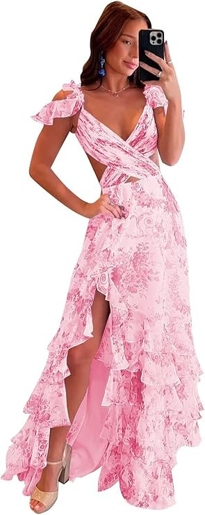 Floral Prom Dress 2025 V Neck Open Back A Line Ruffles Tiered Chiffon Cold Shoulder Criss-Cross F... | Amazon (US)