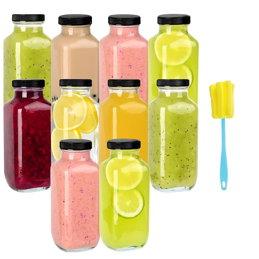 10 Pack 16oz Glass Juice Bottles with Lids - Reusable Juicing Bottles Glass Drinking Jars Contain... | Amazon (US)