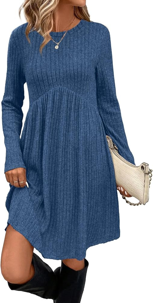 OFEEFAN Long Sleeve Dress for Women Crew Neck Empire Waist Tunic Dress with Pockets | Amazon (US)