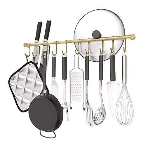 OKEPOO Kitchen Hanging Racks 304 Stainless Steel 20 Inch Rail Utensil Storage Hanger with 10 Pcs Noiseless Sliding Hooks, Wall Mounted Rod Holder for Pots Pan Spatula Spoon Cookware Mug Cup. (Golden) | Amazon (US)