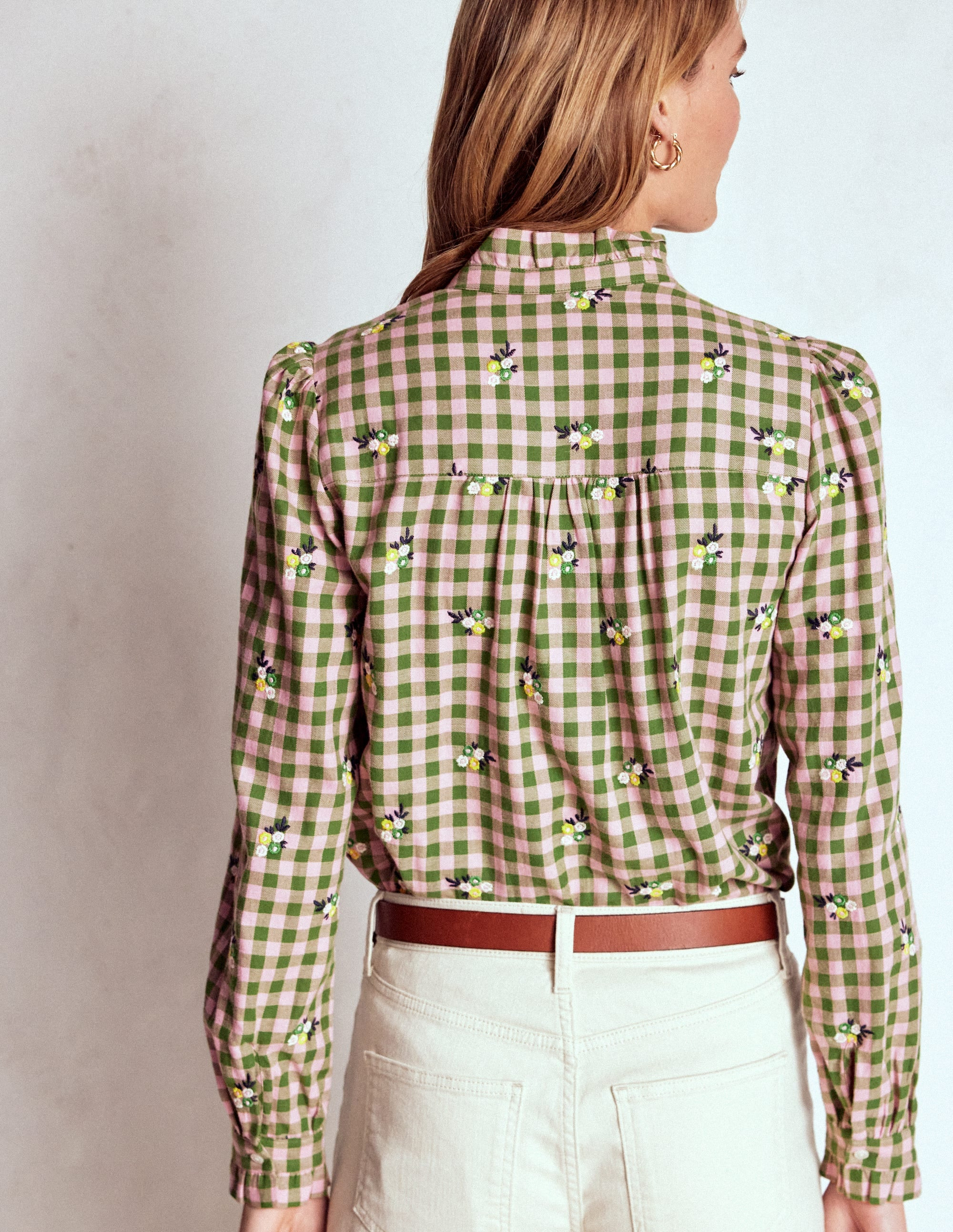 Helena Brushed Cotton Top-Green and Pink Floral Check | Boden (US)