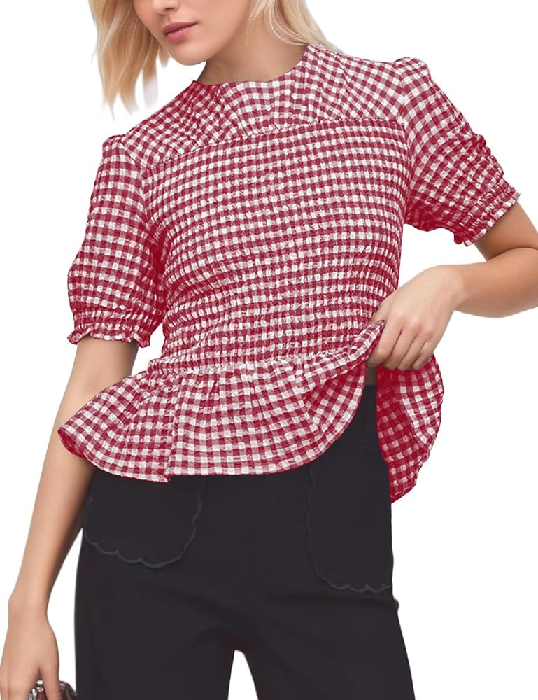 Puff Sleeve Gingham Crop Tops for Women Casual Crew Neck Plaid Short Sleeve Blouse Slim Fit Smock... | Amazon (US)