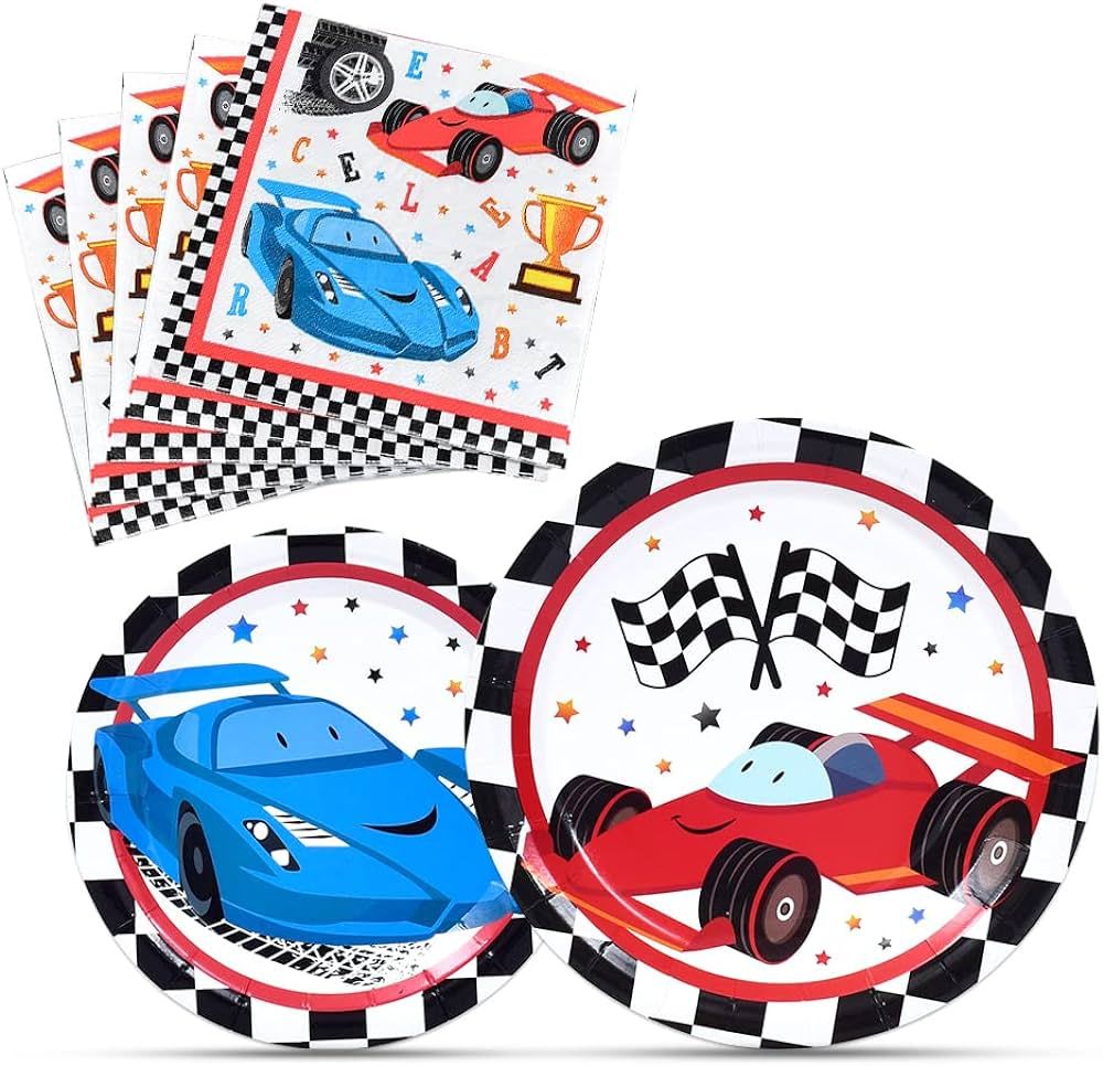 WERNNSAI Racing Car Party Supplies for Boys - Checked Race Car Plates and Napkins Disposable Pape... | Amazon (US)