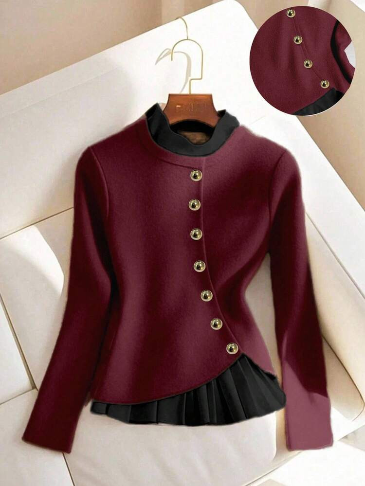 Franclia Women's Solid Color Elegant Contrast Color Long Sleeve T-Shirt, Autumn | SHEIN