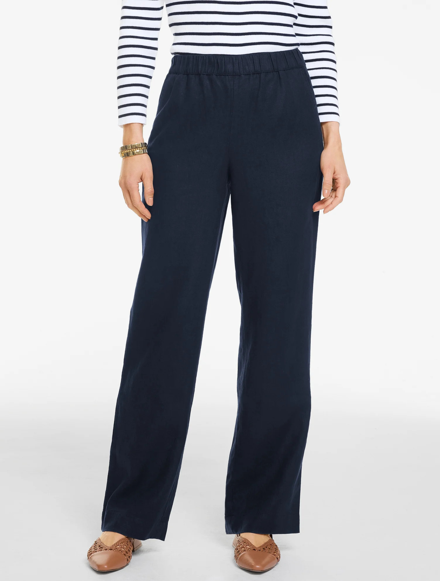 Washed Linen Wide Leg Pull-On Pants - Blue - Large Talbots | Talbots