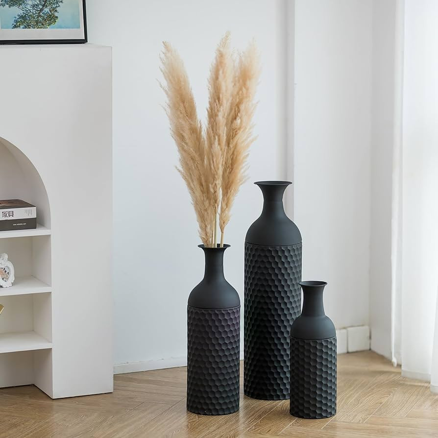 Sziqiqi Large Black Vases Tall 27inch - Metal Floor Standing Vase Set of 3 Modern Honeycomb Textu... | Amazon (US)