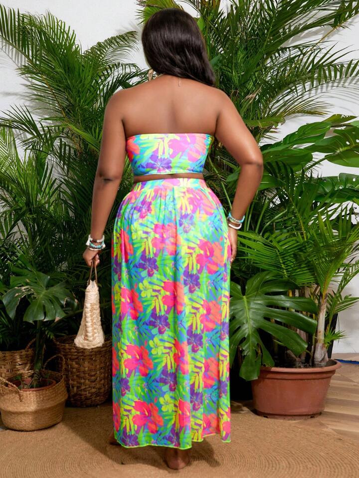 SHEIN Slayr Plus Size Women's Tropical Plant Print Halter Bikini Set With Separated Swimwear And ... | SHEIN
