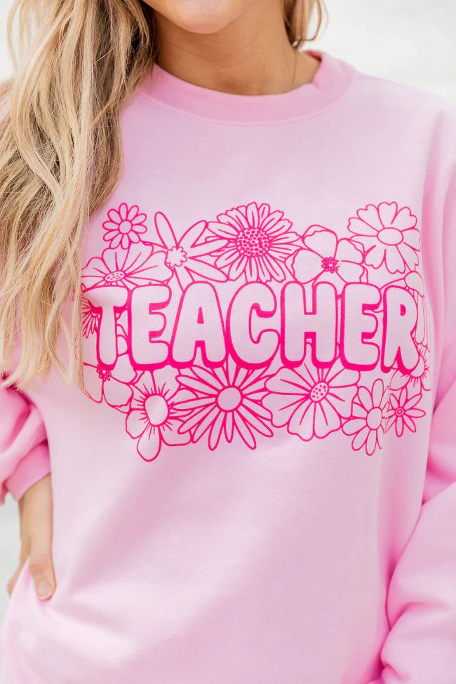 Floral Teacher Light Pink Oversized Graphic Sweatshirt | Pink Lily