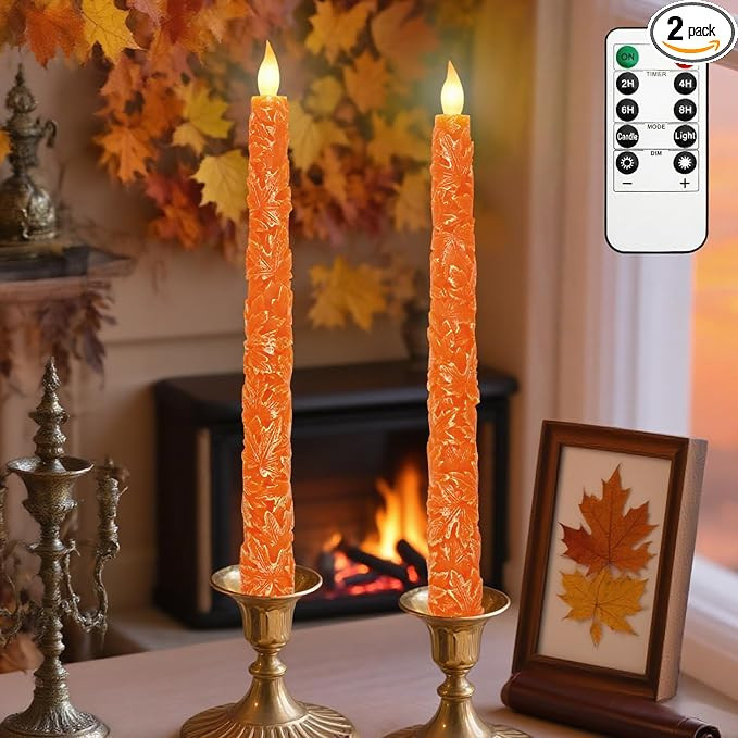 Impress Life Fall Flameless Taper Candles, Carved Maple Leaf Real Wax Candles with Remote Battery... | Amazon (US)